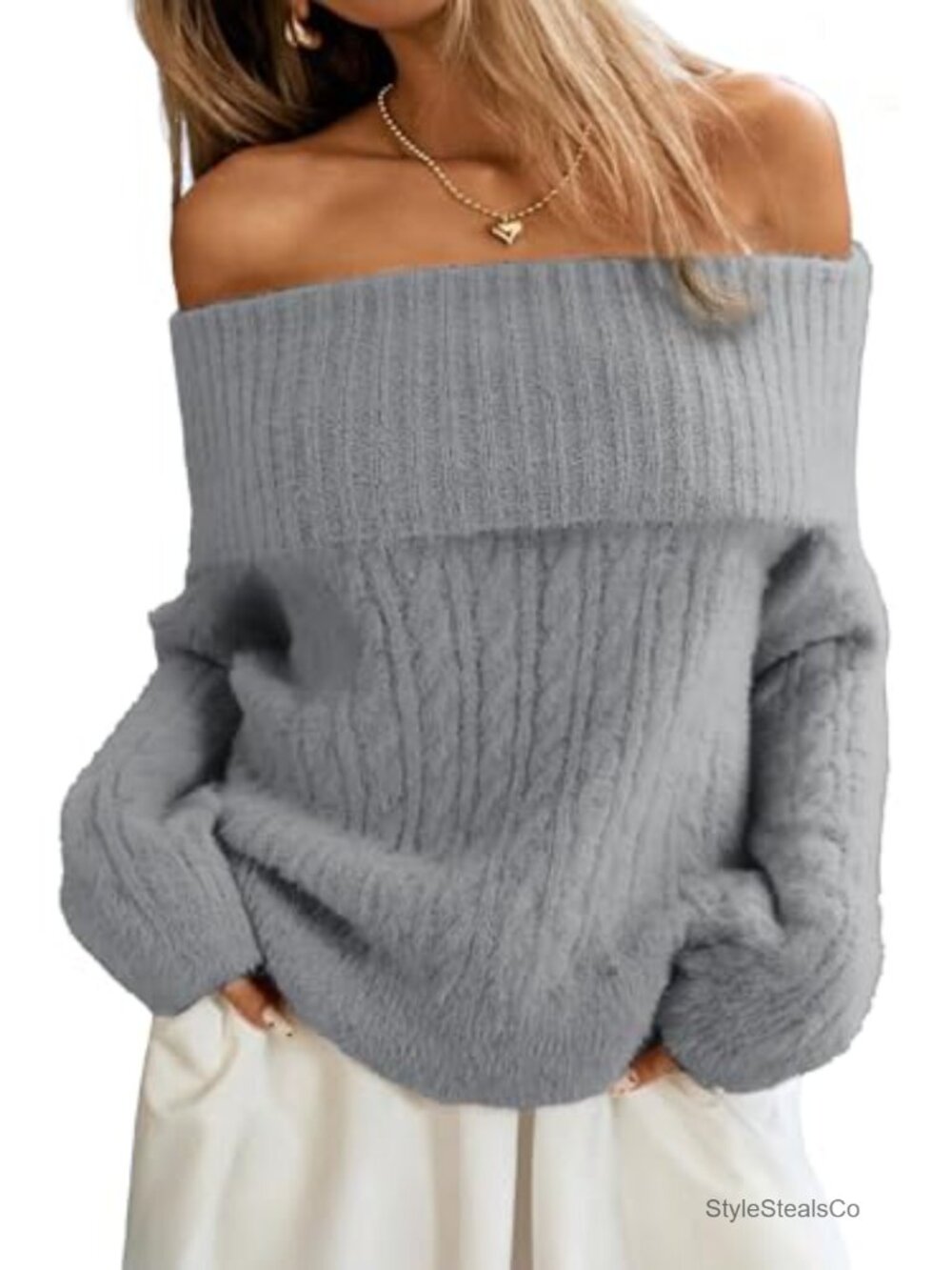 Cable Knit Off Shoulder Sweater Soft Oversized Pullover